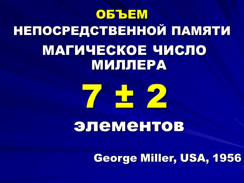 ОБЪЕМ  НЕПОСРЕДСТВЕННОЙ ПАМЯТИ  МАГИЧЕСКОЕ ЧИСЛО МИЛЛЕРА 7 ± 2  элементов 